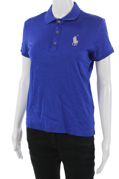Ralph Lauren Golf Women Solid Blue Collared Short Sleeve Cotton Polo Size M