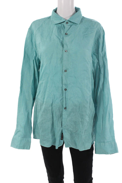 Michael Kors Mens Point Collar Linen Long Sleeve Button Up Green Size L