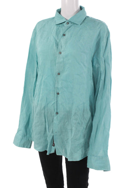 Michael Kors Mens Point Collar Linen Long Sleeve Button Up Green Size L