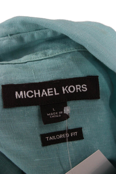 Michael Kors Mens Point Collar Linen Long Sleeve Button Up Green Size L