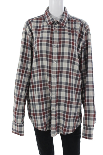 Boss Hugo Boss Mens Point Collar Beige Plaid Long Sleeve Button-Up Size L