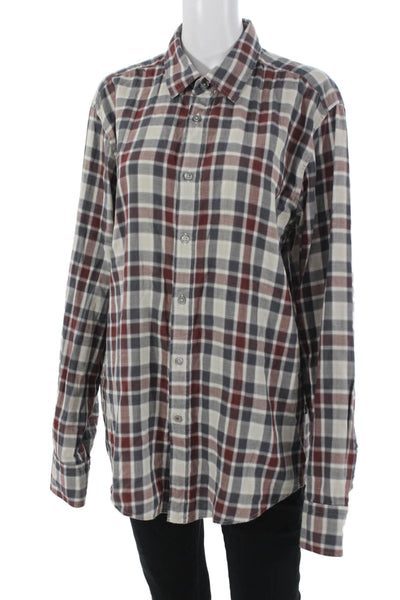 Boss Hugo Boss Mens Point Collar Beige Plaid Long Sleeve Button-Up Size L
