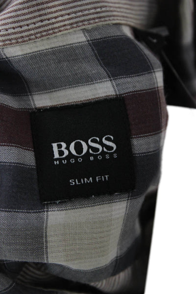 Boss Hugo Boss Mens Point Collar Beige Plaid Long Sleeve Button-Up Size L