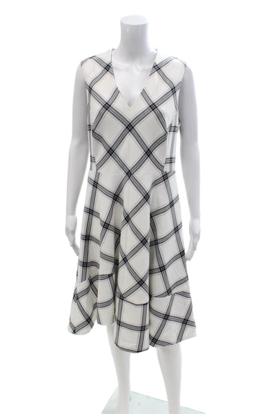 Karen Millen Women A-Line White V-Neck Sleeveless Plaid Dress Size 12