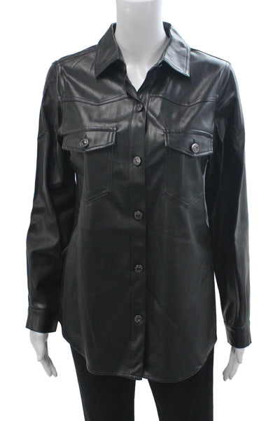 Zara Women Biker Jacket Black Collared Button Long Sleeve PU Size XS