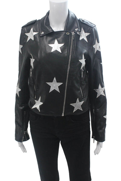 BLANKNYC Womens Black Biker Jacket Star Graphic Snap Closure Size S