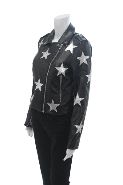 BLANKNYC Womens Black Biker Jacket Star Graphic Snap Closure Size S