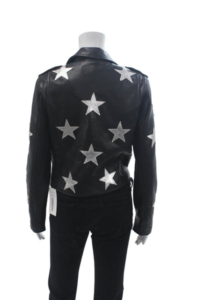 BLANKNYC Womens Black Biker Jacket Star Graphic Snap Closure Size S