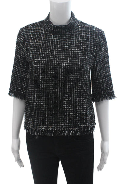 Zara Women Black Checked Mock Neck 3/4 Sleeve Zip Poly Blend Blouse Size XS