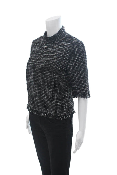 Zara Women Black Checked Mock Neck 3/4 Sleeve Zip Poly Blend Blouse Size XS
