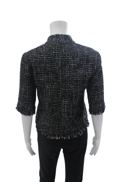 Zara Women Black Checked Mock Neck 3/4 Sleeve Zip Poly Blend Blouse Size XS