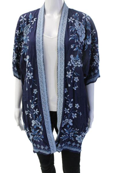 Neiman Marcus Womens Dark Blue Floral Rayon Kimono Short Sleeve Boho Size S