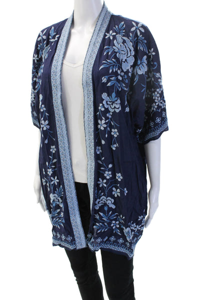 Neiman Marcus Womens Dark Blue Floral Rayon Kimono Short Sleeve Boho Size S