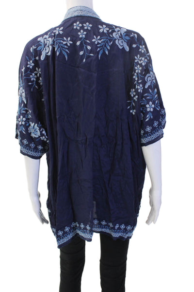 Neiman Marcus Womens Dark Blue Floral Rayon Kimono Short Sleeve Boho Size S