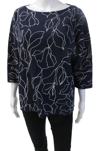 Lafayette 148 New York Women Dark Blue Floral Cotton Tunic 3/4 Sleeve Size M