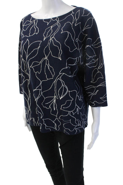 Lafayette 148 New York Women Dark Blue Floral Cotton Tunic 3/4 Sleeve Size M