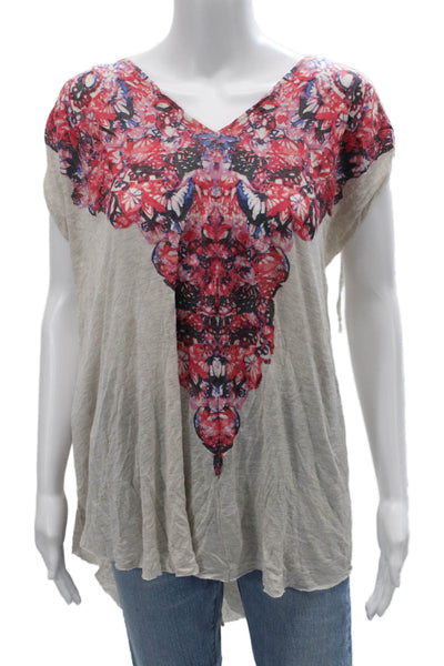 Free People Women Tunic Blouse Beige Floral V-Neck Sleeveless Boho Size L