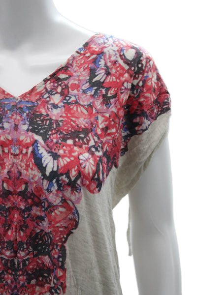 Free People Women Tunic Blouse Beige Floral V-Neck Sleeveless Boho Size L