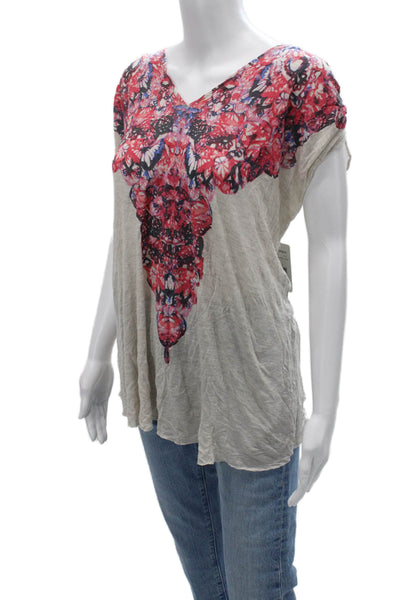 Free People Women Tunic Blouse Beige Floral V-Neck Sleeveless Boho Size L