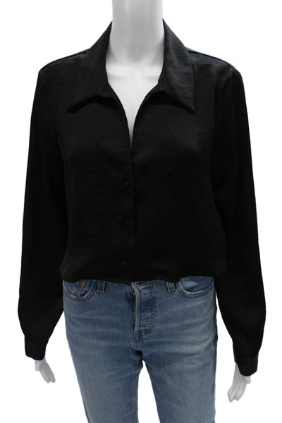 Zara Women Black Cropped Button-Up Collared Long Sleeve 90s Top Size L