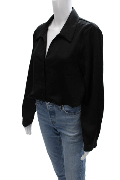 Zara Women Black Cropped Button-Up Collared Long Sleeve 90s Top Size L