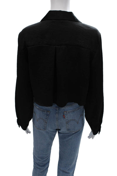 Zara Women Black Cropped Button-Up Collared Long Sleeve 90s Top Size L