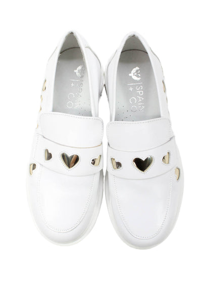 Spain + Co Womens Leather Metallic Heart Motif Slip On Loafers White Size 5