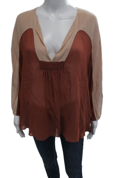 Joie Women Tunic V-Neck Silk Blend Long Sleeve Beige Bohemian Size S