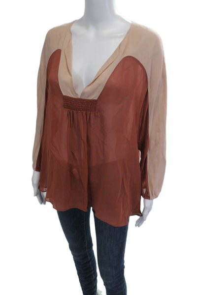 Joie Women Tunic V-Neck Silk Blend Long Sleeve Beige Bohemian Size S