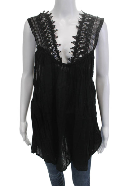 Indah Women Tunic Black Cotton V-Neck Sleeveless Bohemian Size XS