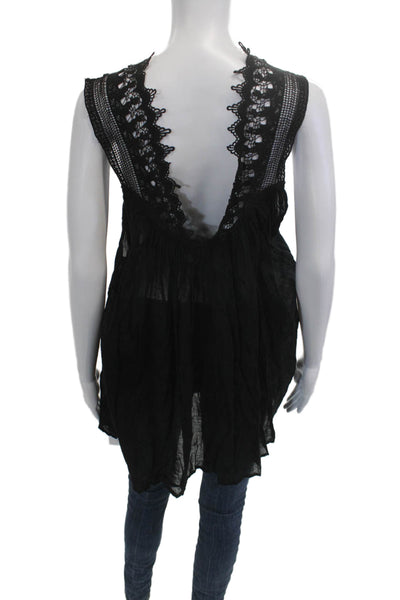 Indah Women Tunic Black Cotton V-Neck Sleeveless Bohemian Size XS