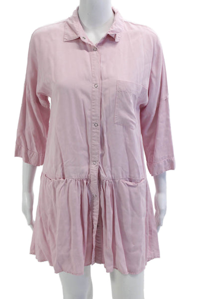 Zara Basic Women Shirt Dress Pink Collared 3/4 Sleeve Polyester Size S