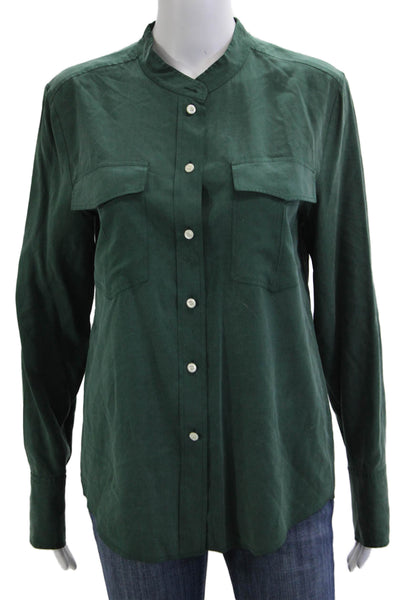 J Crew Womens Green Silk Mock Neck Button Up Long Sleeve Top Size S