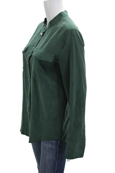J Crew Womens Green Silk Mock Neck Button Up Long Sleeve Top Size S