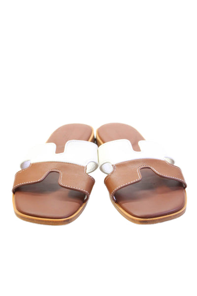 Project Cloud Womens Two Toned Cut Out Slide Sandals Brown White Leather Size 8M