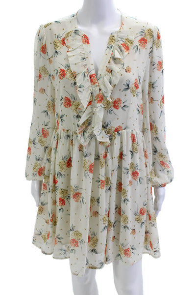 Dress Forum Womens A-Line Fit Flare Beige Floral V Neck Dress Size S