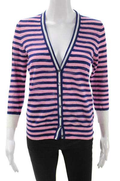 J Crew Unisex Striped V-Neck Button Cardigan Dark Blue 3/4 Sleeve Size S