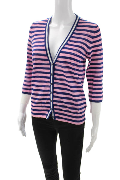 J Crew Unisex Striped V-Neck Button Cardigan Dark Blue 3/4 Sleeve Size S