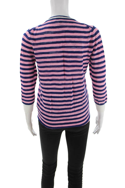 J Crew Unisex Striped V-Neck Button Cardigan Dark Blue 3/4 Sleeve Size S