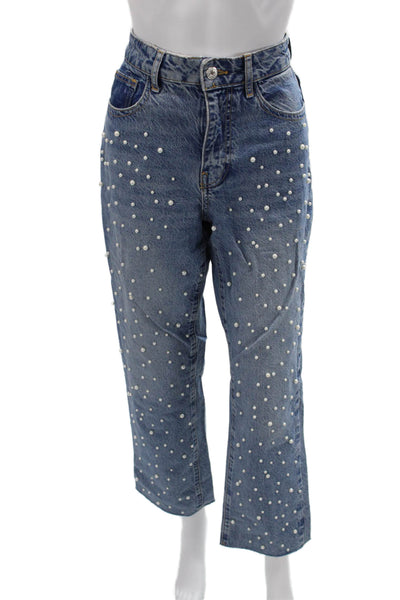 Zara Womens Polka Dot High Waist Cropped Mom Jeans Blue Size 28