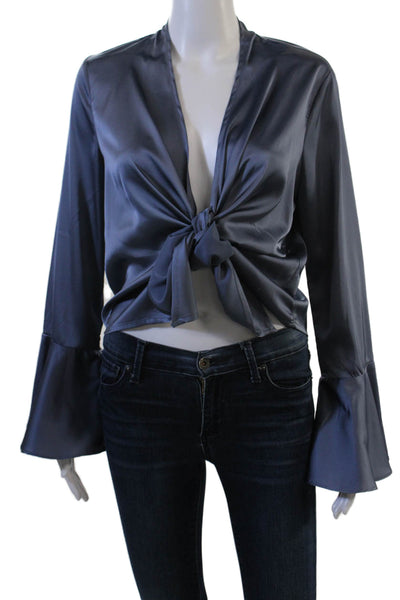 Boujee Womens Cropped Bohemian Dark Blue Long Sleeve Blouse Polyester Size S