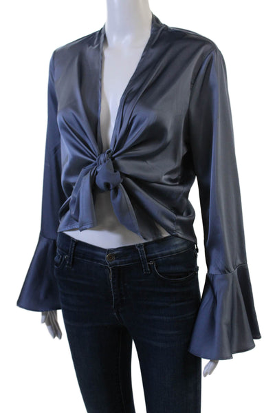Boujee Womens Cropped Bohemian Dark Blue Long Sleeve Blouse Polyester Size S