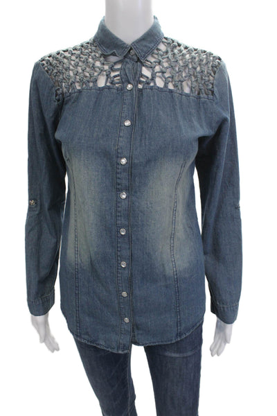 Carmar Womens Bohemian Collared Button-Up Dark Blue Cotton Long Sleeve Size S