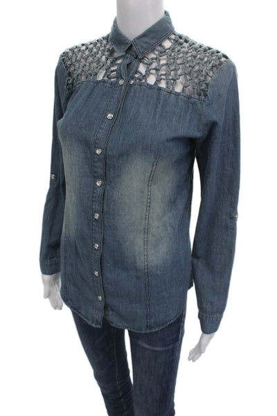 Carmar Womens Bohemian Collared Button-Up Dark Blue Cotton Long Sleeve Size S