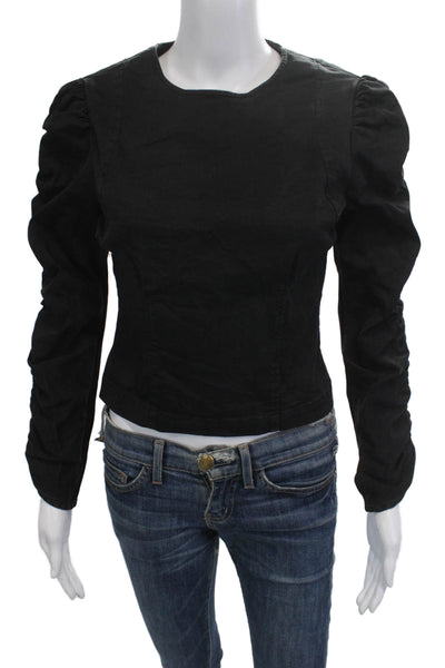 Zara Womens Black Long Sleeve Round Neck Cotton Blouse Button Size S