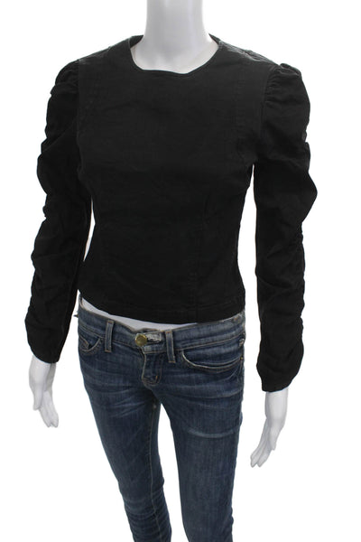 Zara Womens Black Long Sleeve Round Neck Cotton Blouse Button Size S