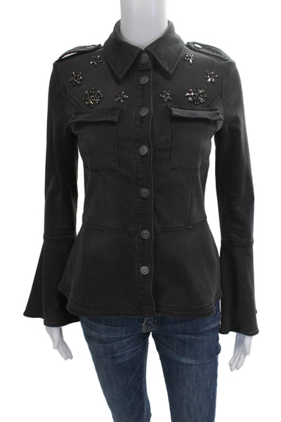 Scripted Womens Military Jacket Black Collared Button Fall Size XS