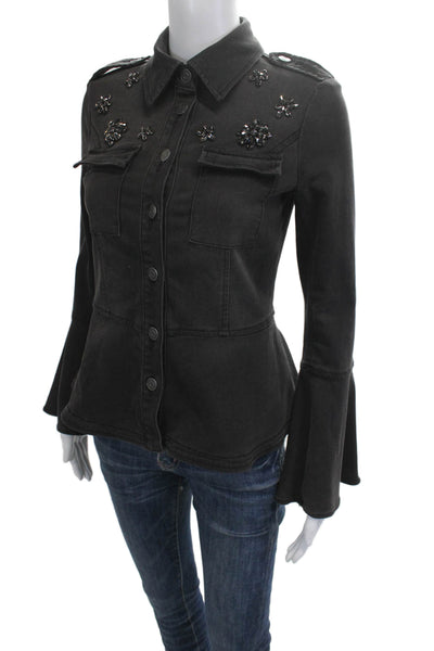 Scripted Womens Military Jacket Black Collared Button Fall Size XS