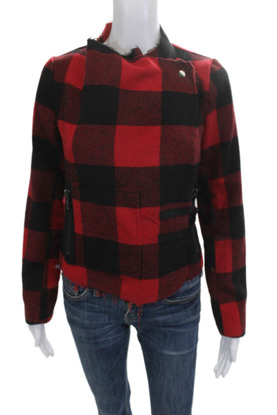 BB Dakota Womens Red Plaid Biker Motorcycle Jacket Wool Blend Snap Size XS