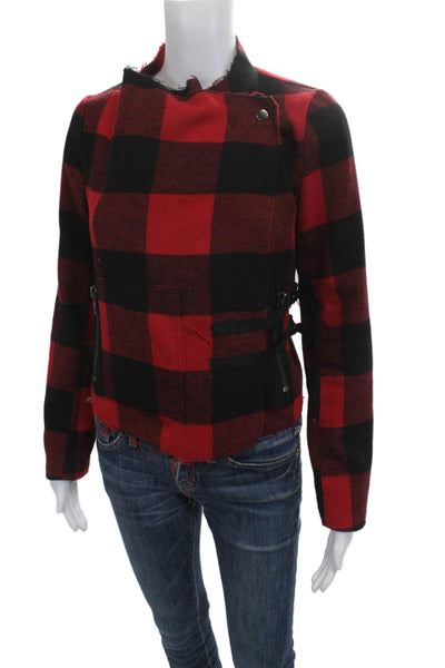 BB Dakota Womens Red Plaid Biker Motorcycle Jacket Wool Blend Snap Size XS